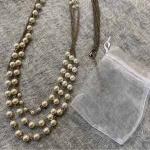 Vintage Women’s Fashion Jewelry Faux Pearl Leyered Gold tone Chain Long Necklace